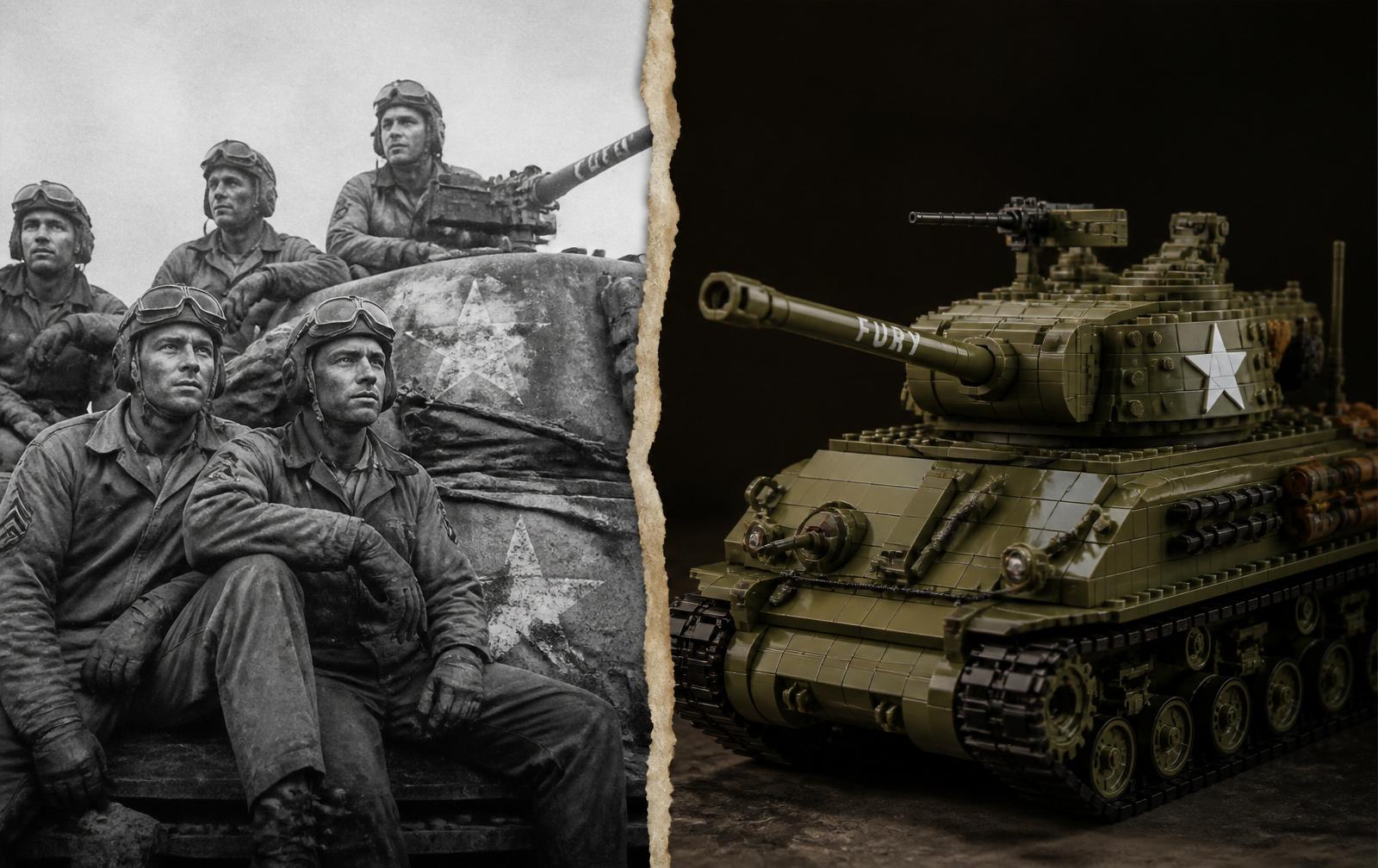 Vintage WW2 tank crew photo alongside a detailed brick-built Sherman tank model