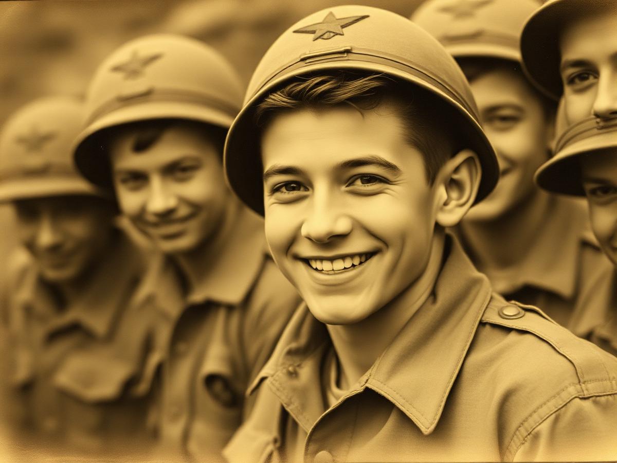 Sepia portrait of a young WW2 soldier smiling with his squad